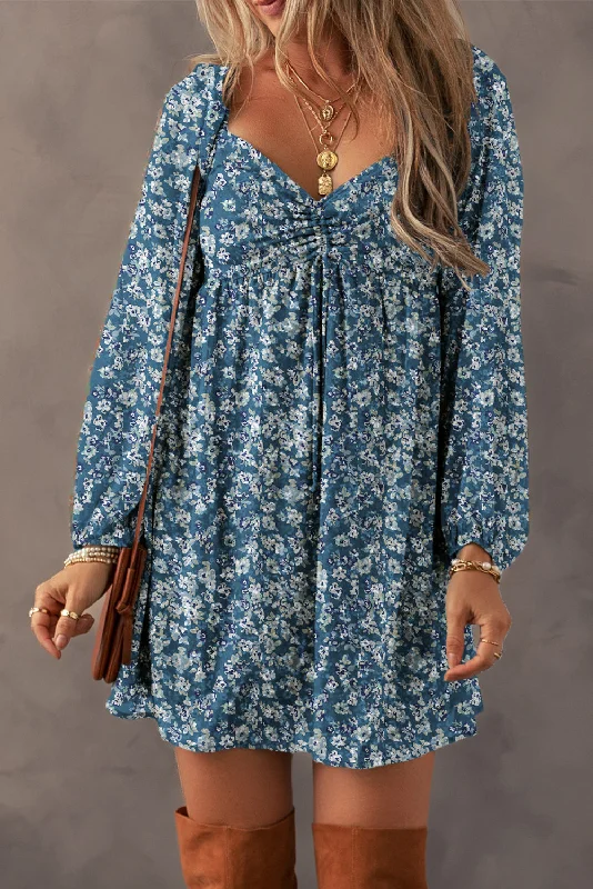 Blue Floral Print Sweetheart Neck Shirred Back Mini Dress Comfortable Fit-and-Flare Mini Dress