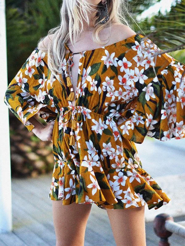 Bohemia Floral Print Off Shoulder Lace up Mini Dress Trendy Crossover Mini Dress