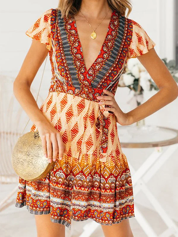 Bohemian Floral Pinrt Deep V-neck Summer Mini Dress Stylish Sweetheart Mini Dress