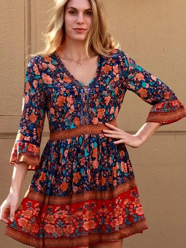 Boho Floral V Neck Ruffle Mini Dress Comfortable Shift Mini Dress