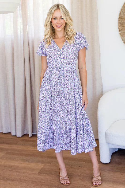 Bonnie Midi Dress Purple Ditsy Stylish Tiered Midi Dress