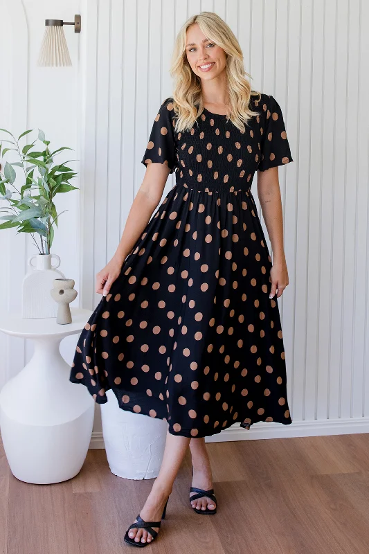 Candace Midi Dress Black Tan Spot Cozy Knit Midi Dress