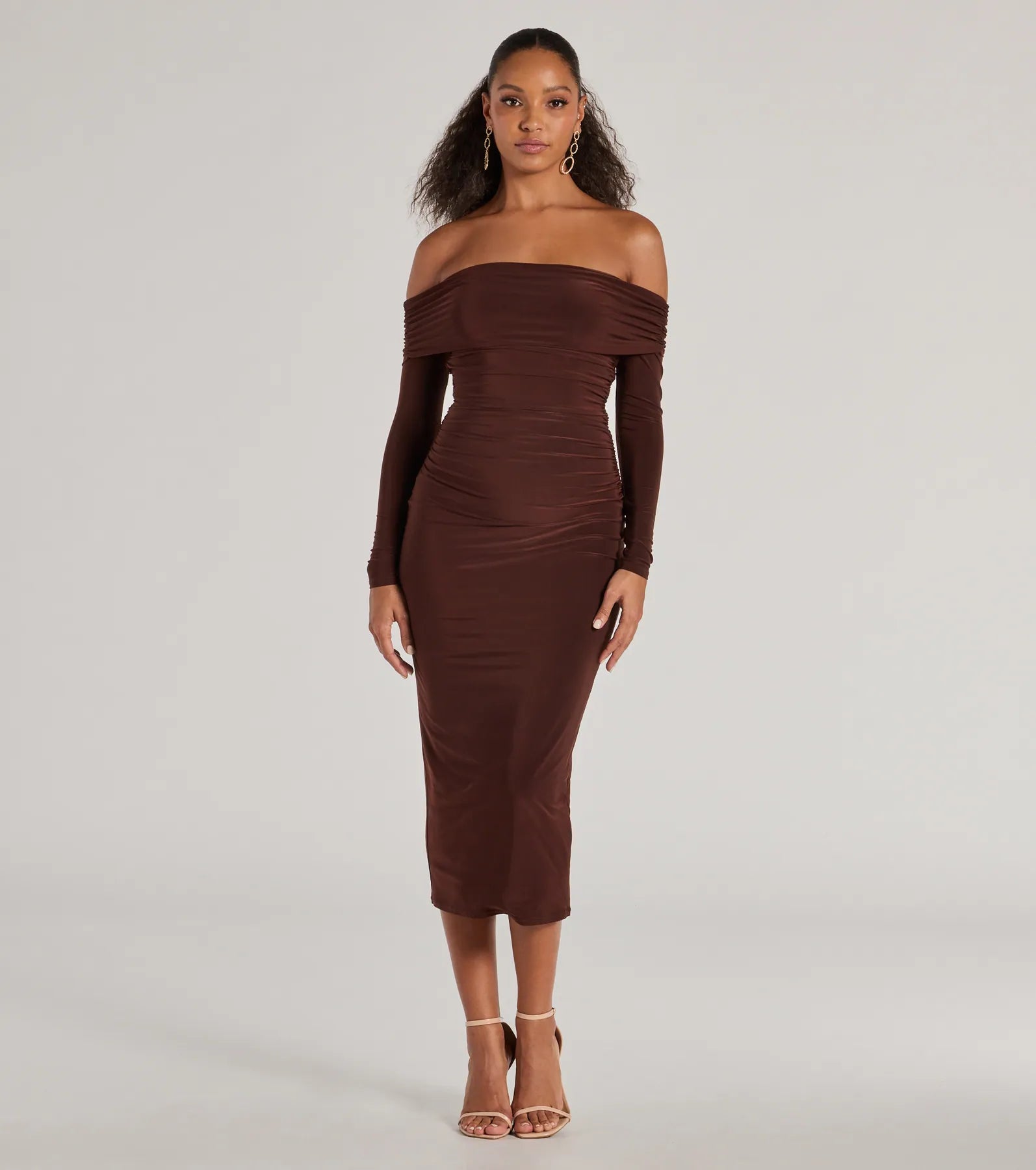 Casual Affair Long Sleeve Ruched Midi Dress Trendy Midi Dress with Belt