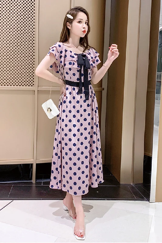 Caylar  - Off the Shoulder Polka Dot Midi Dress Comfortable Button Front Midi Dress