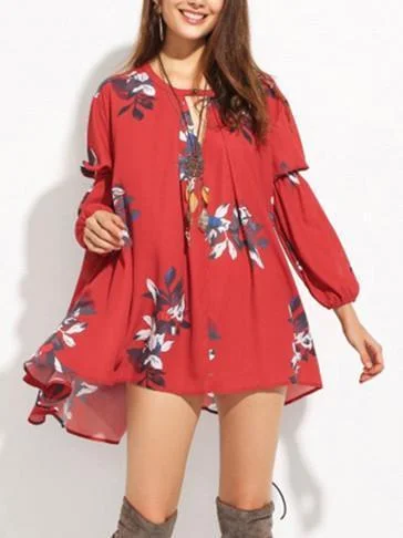 Chiffon Bohemia Floral Puff Sleeves V-neck Mini Dress Chic Bohemian Mini Dress