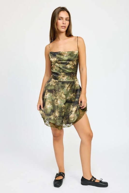 Cowl Neck Mini Dress with Back Tie Elegant Floral-Print Mini Dress