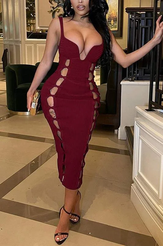 CUTOUT BODYCON MIDI DRESS Trendy Smocked Waist Midi Dress