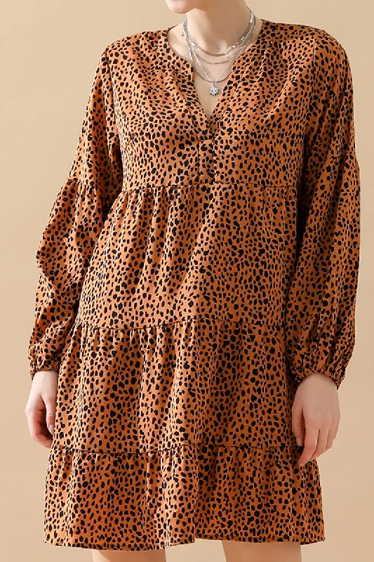 LEOPARD MIDI DRESS Stylish Long Sleeve Floral Midi Dress