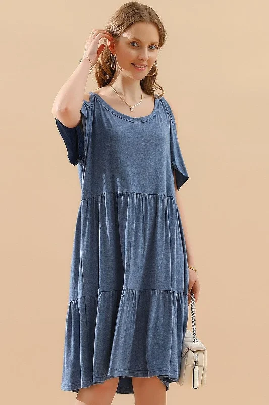 SHORT SLEEVE CUT OUT SHOULDER MIDI DRESS Fashionable A-Line Midi Dress