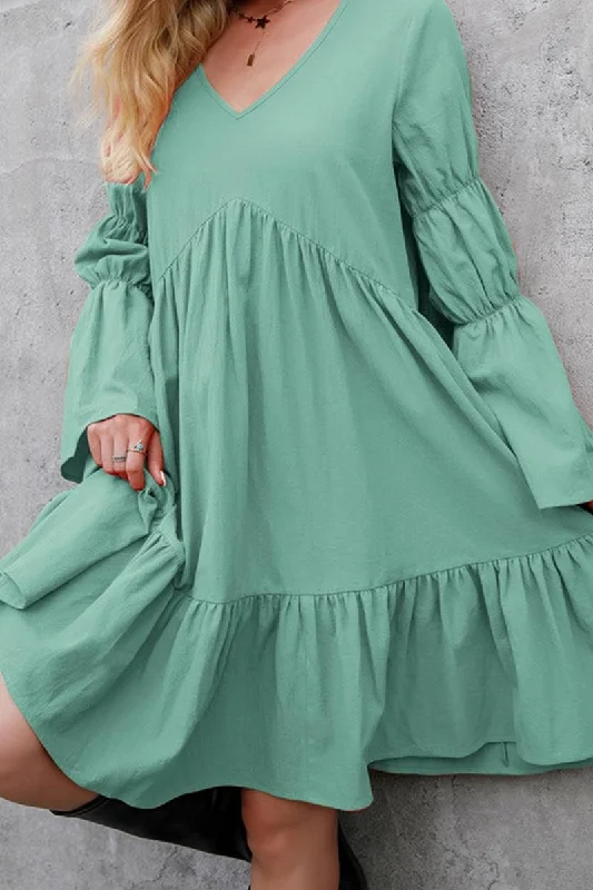 LONG SLEEVE RUFFLED MIDI DRESS Elegant Puff Sleeve Midi Dress