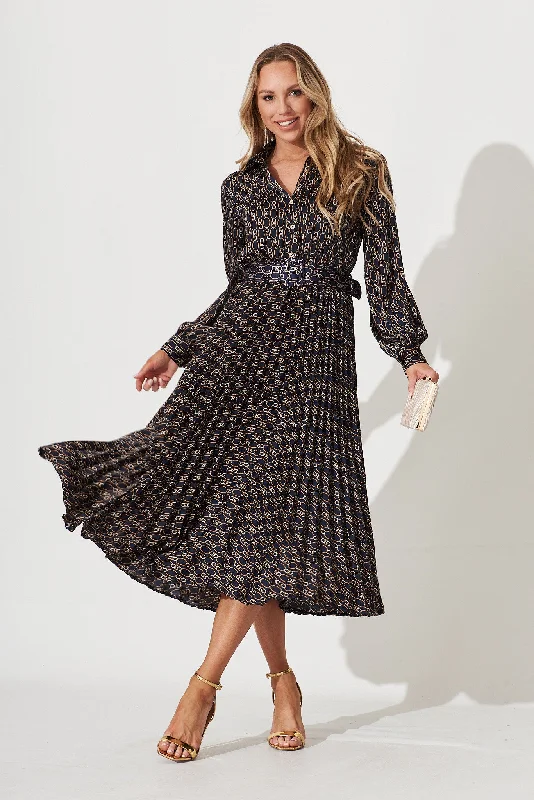 Cyrus Midi Dress In Navy Chain Print Satin Elegant Maxi-Midi Hybrid Dress