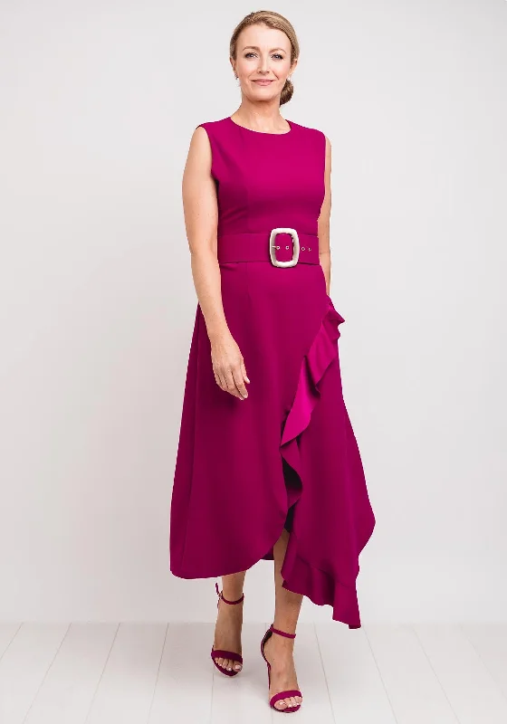 Exquise Belted Frill Trim Midi Dress, Fuschia Pink Elegant Satin Midi Dress