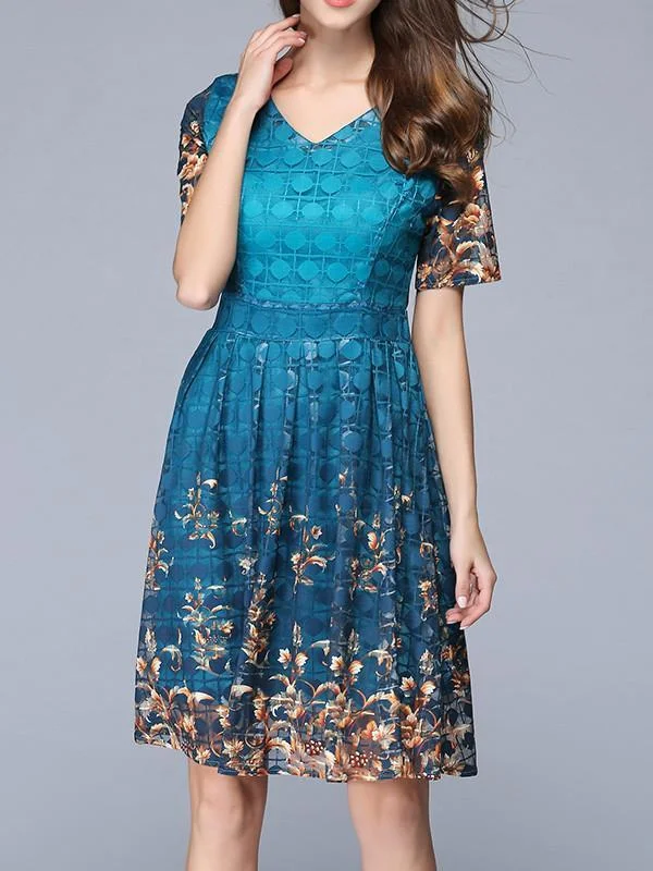 Exquisite Floral-Print Waisted Short Sleeve V Neck Mini Dress Elegant Lace Mini Dress