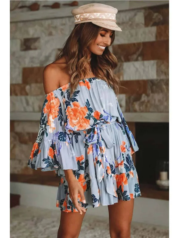 Flared Sleeve Floral Off Shoulder Backless Mini Dress Comfortable Ruffle Mini Dress