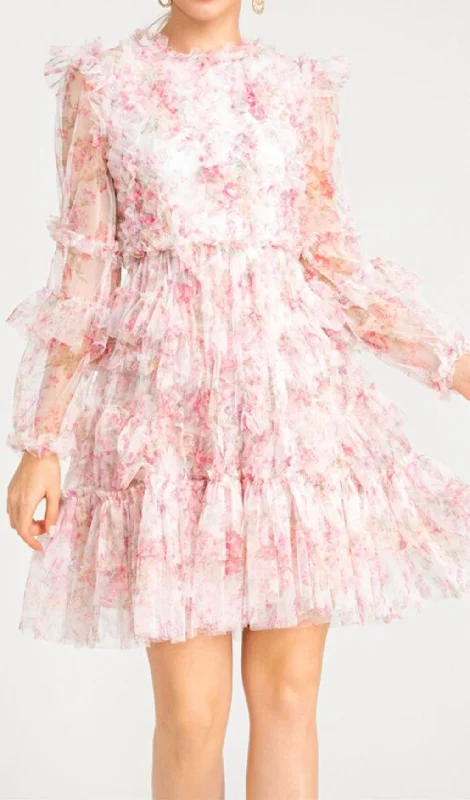 FLORAL MESH HEM MINI DRESS IN PINK Trendy Denim Mini Dress