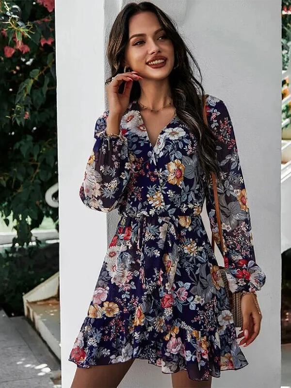 Floral Printed Long Sleeve V Neck Mini Dress Chic Sleeveless Mini Dress