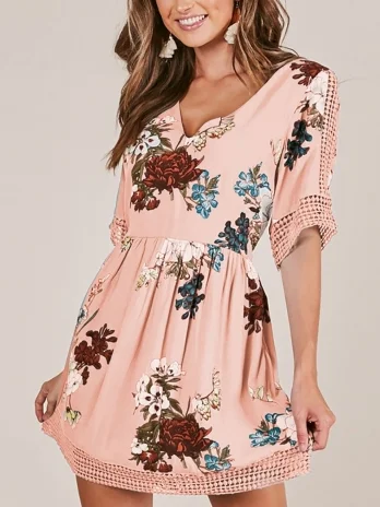 FLORAL V NECK CASUAL HALF SLEEVE MINI DRESS Chic Mini Dress with V-Neck