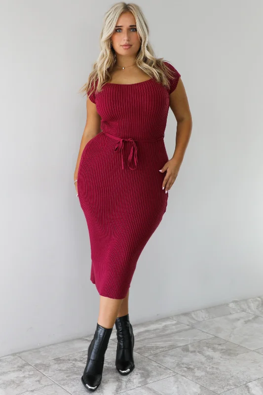 From The Start Midi Dress: Burgundy Trendy Tiered Hem Midi Dress