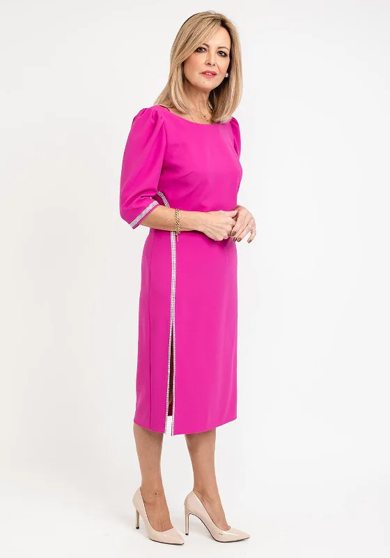 Gabriela Sanchez Crystal Detail Midi Dress, Fuchsia Stylish Long Sleeve Floral Midi Dress