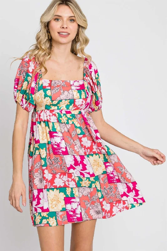 Floral Ruff Sleeve Mini Dress Comfortable One-Shoulder Mini Dress