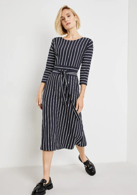 Gerry Weber Striped Midi Dress, Navy & White Trendy Smocked Detail Midi Dress