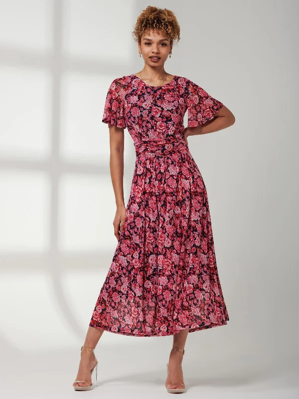 Giana Floral Midi Dress, Navy Floral Trendy Smocked Waist Midi Dress