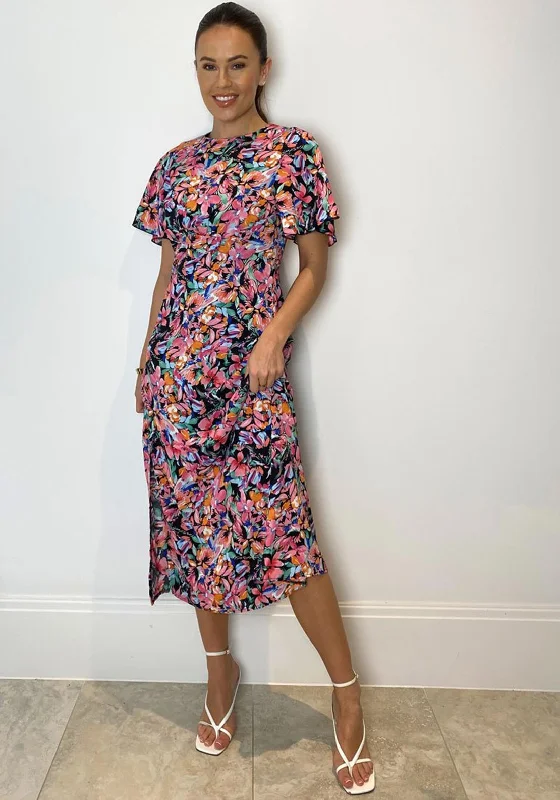 Girl In Mind Britney Floral Print Split Leg Midi Dress, Pink Multi Trendy A-Line Midi Dress