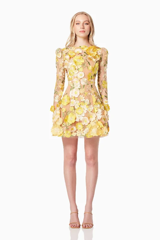 Goldenvoice 3D Floral Mini Dress In Yellow Fashionable Mini Dress with Frills