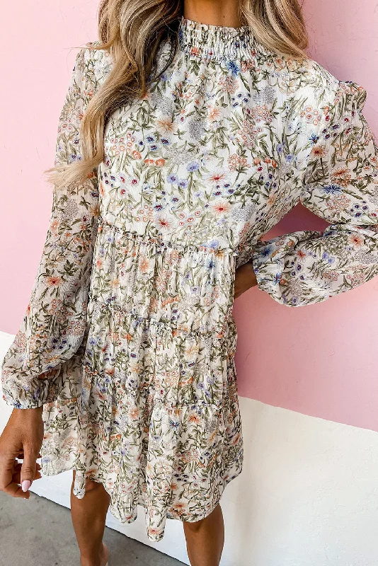 Green Floral Print Tiered Frilled Shirred Mock Neck Mini Dress Stylish Button-Down Mini Dress