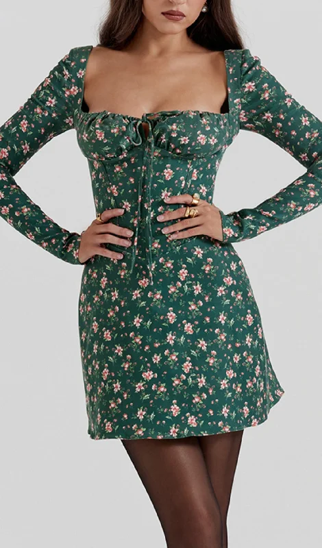 GREEN FLORAL PRINTED MINI DRESS Trendy A-Line Mini Dress