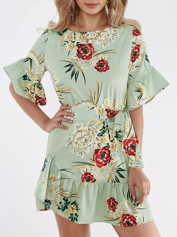 Green Random Floral Print Mini Dress With Half Flared Sleeves Classic Casual Mini Dress