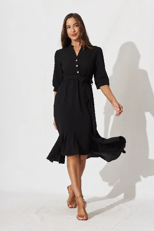 Jemimah Midi Dress In Black Crepe Trendy Fit-and-Flare Midi Dress