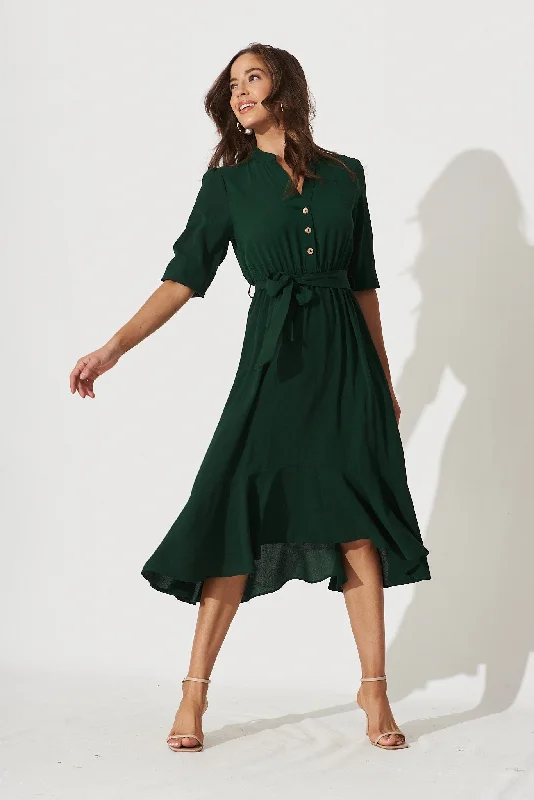 Jemimah Midi Dress In Emerald Stylish Off-Shoulder Ruffle Dress