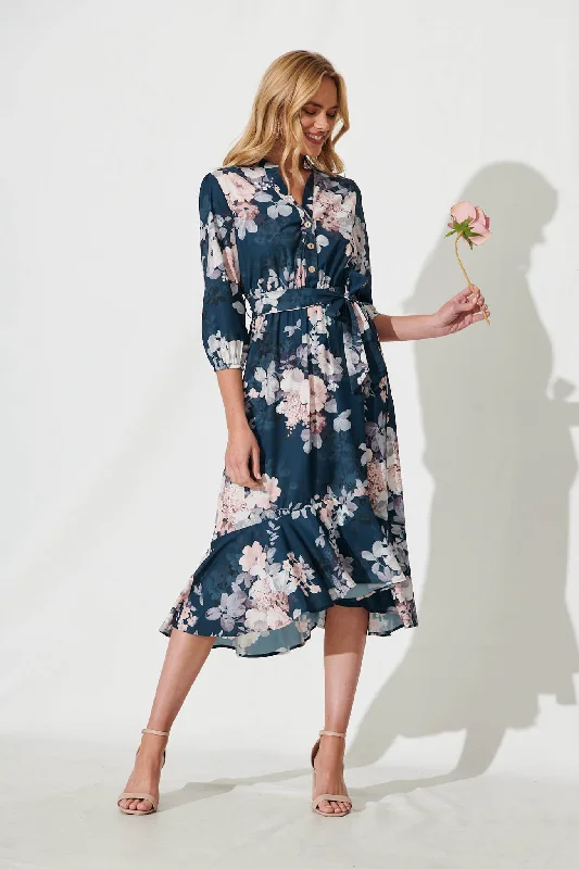 Jemimah Midi Dress In Teal With Blush Floral Print Comfortable Ruched Midi Dress