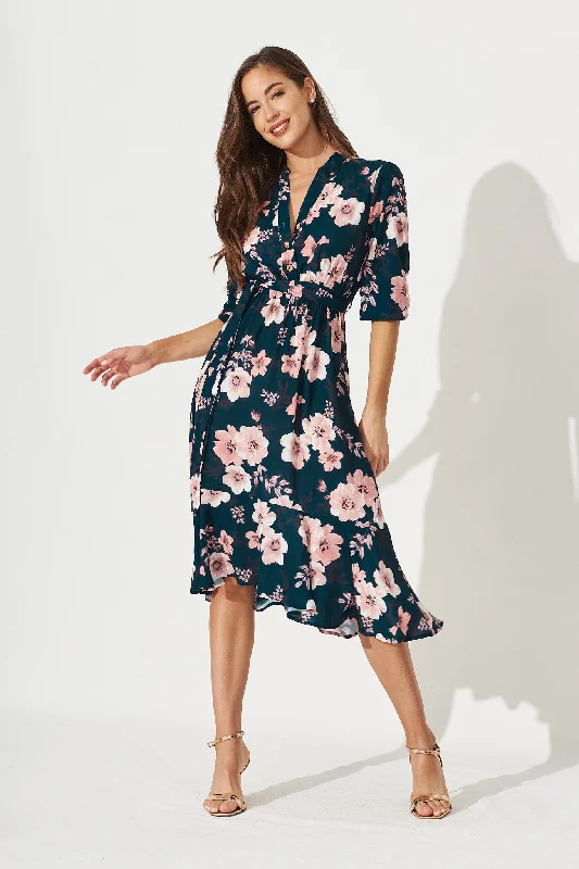 Jemimah Midi Dress In Teal With Blush Floral Elegant Satin Midi Dress