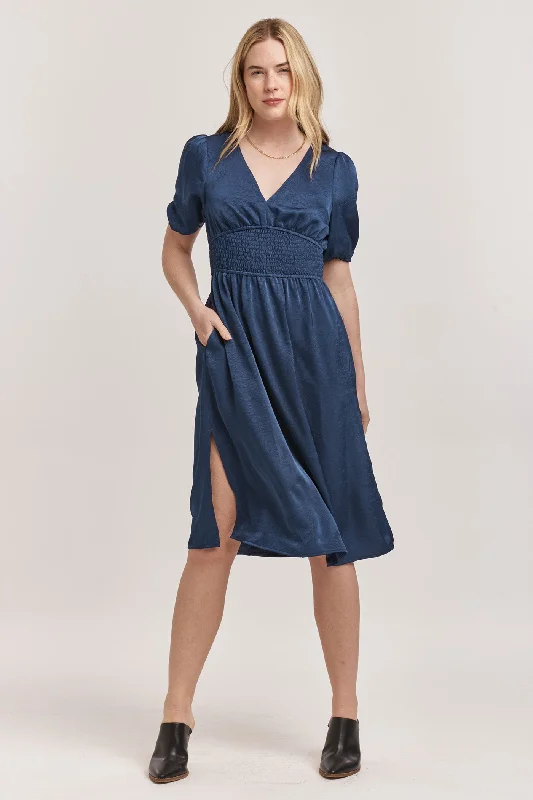 JENNIFER V-NECK SMOCKED WAIST MIDI DRESS NEW BLUE Cozy Ribbed Knit Midi Dress