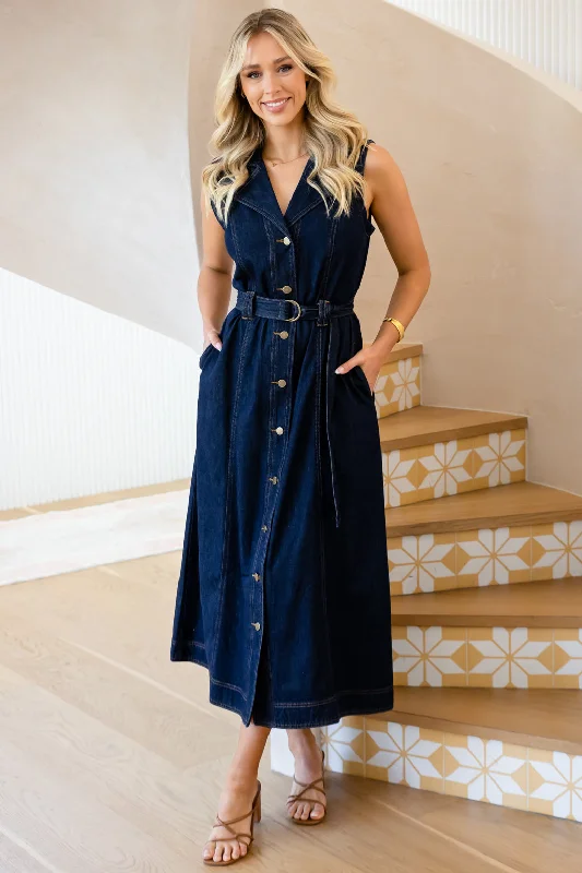 Jessica Denim Midi Dress Dark Indigo Classic Black Midi Dress