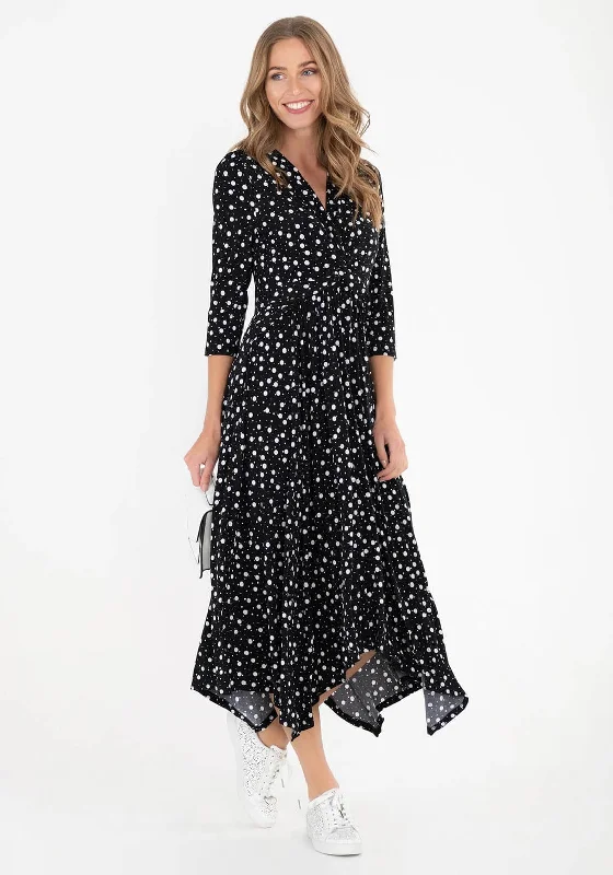 Jolie Moi Dotty Handkerchief Skirt Midi Dress, Black & White Trendy Square Neck Midi Dress