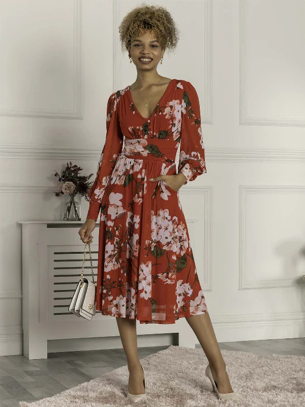 Jolie Moi Gianna Long Sleeve Mesh Midi Dress, Red Floral Trendy Ruffled Sleeve Midi Dress