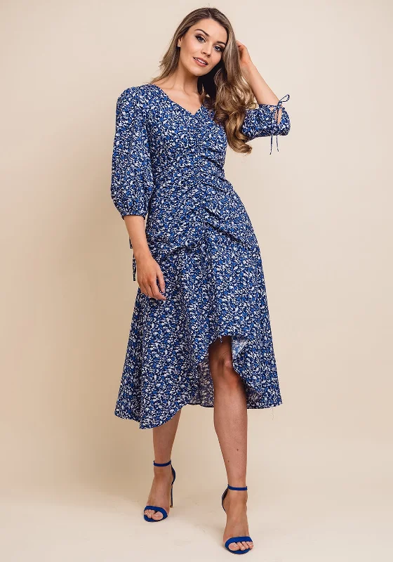 Jovonna Floral Ruched Midi Dress, Blue Elegant Maxi-Midi Hybrid Dress