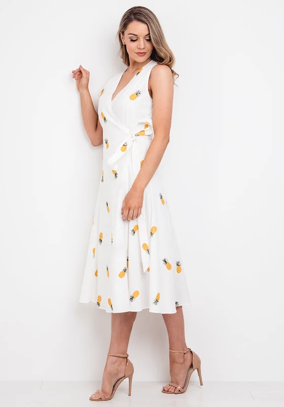 Jovonna Pineapple Print Wrap Midi Dress, White Comfortable Casual Midi Dress