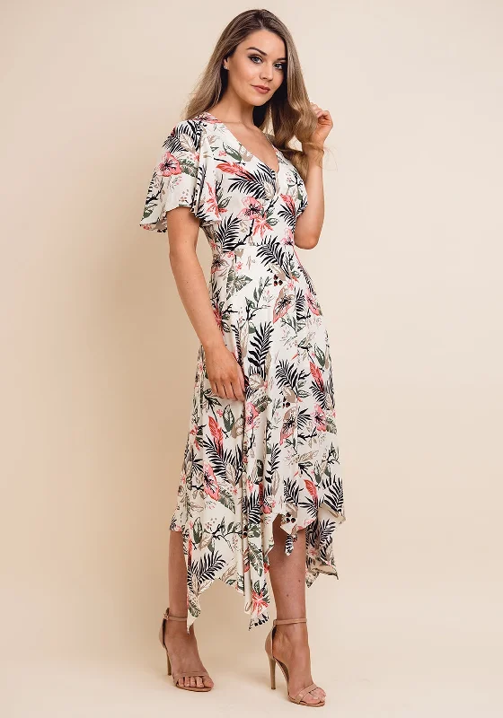 Jovonna Tropical Hanky Hem Midi Dress, Multi Elegant Satin Slip Midi Dress