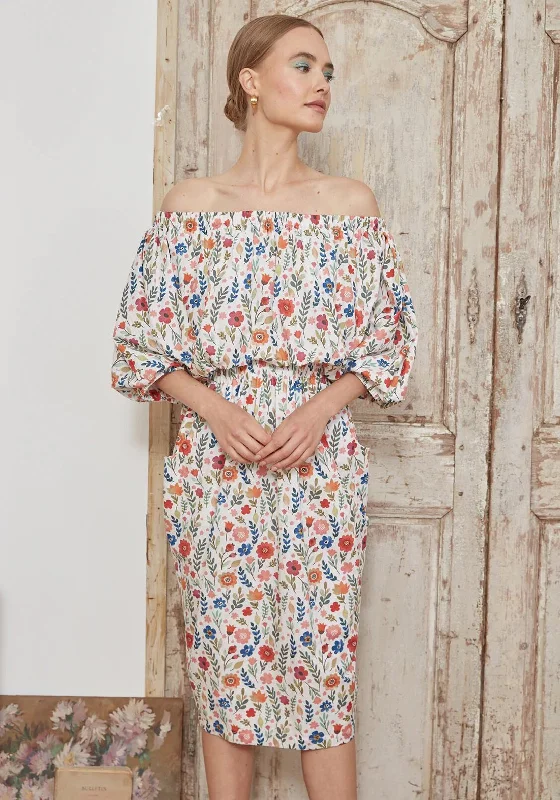 Jovonna Wildflower Off the Shoulder Midi Dress, Multi Fashionable Floral Embroidery Midi Dress