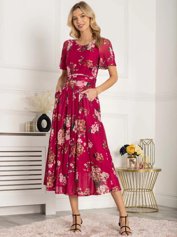 Julita Floral Mesh Midi Dress, Berry Comfortable Empire Waist Midi Dress