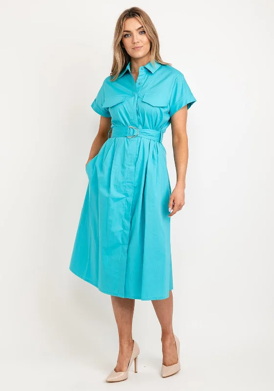 Kate Cooper Belted Shirt Midi Dress, Blue Elegant Lace Trim Midi Dress