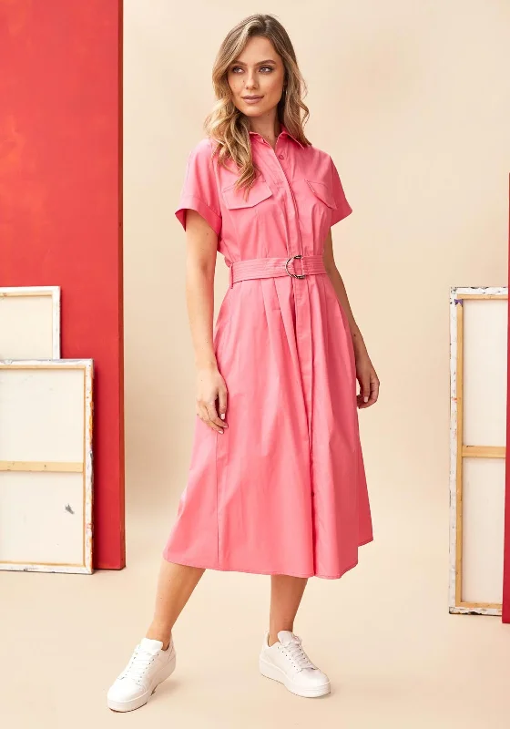 Kate Cooper Belted Shirt Midi Dress, Pink Comfortable Deep V Midi Dress