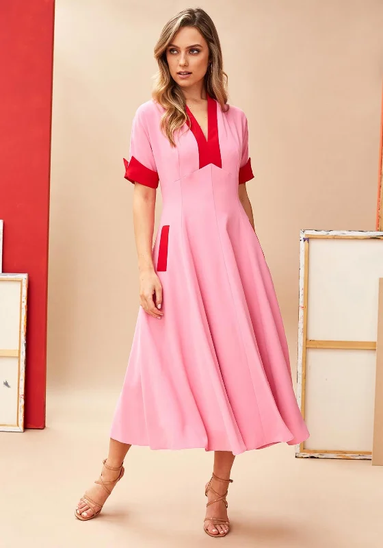 Kate Cooper Contrast A-Line Midi Dress, Pink & Red Trendy Tiered Hem Midi Dress