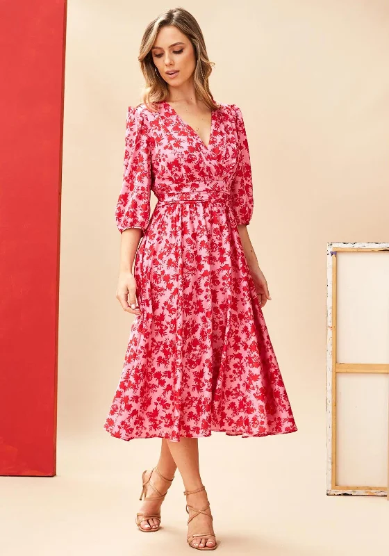 Kate Cooper Floral Banded Waist Midi Dress, Pink & Red Comfortable Draped Midi Dress