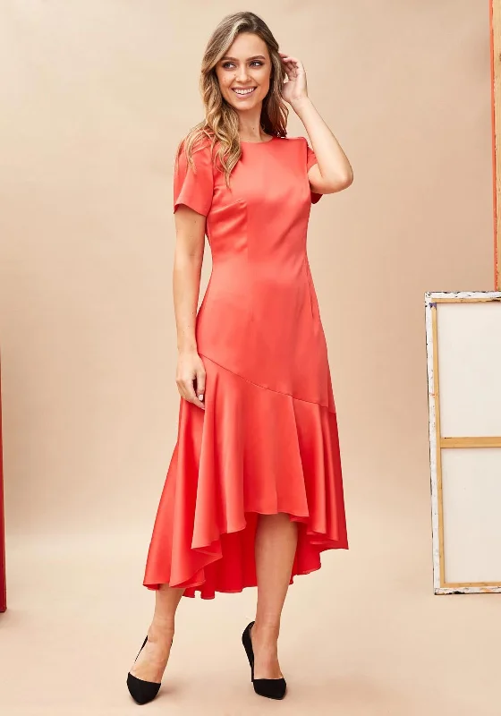 Kate Cooper Mermaid Flare Midi Dress, Coral Trendy Off-Shoulder Button Midi Dress