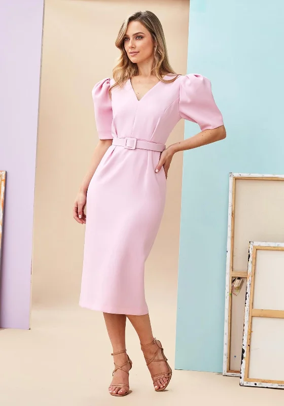 Kate Cooper Puff Sleeve Midi Dress, Baby Pink Elegant Velvet Midi Dress